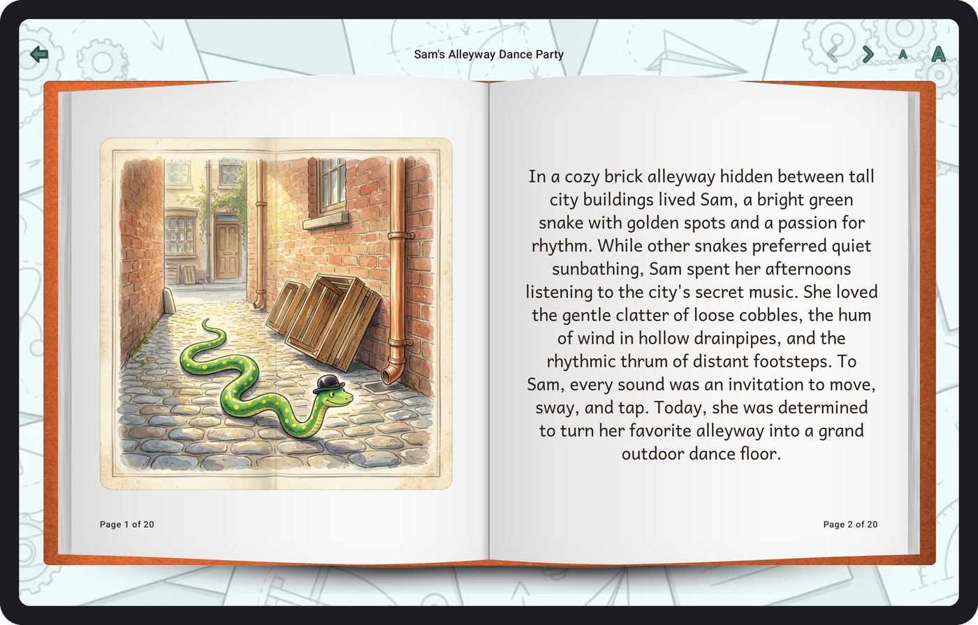 A longer illustrated story open at its first page, written
for an older child.