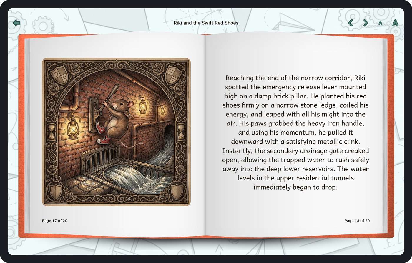 A longer illustrated story open at a later page, with a
detailed picture facing the words.